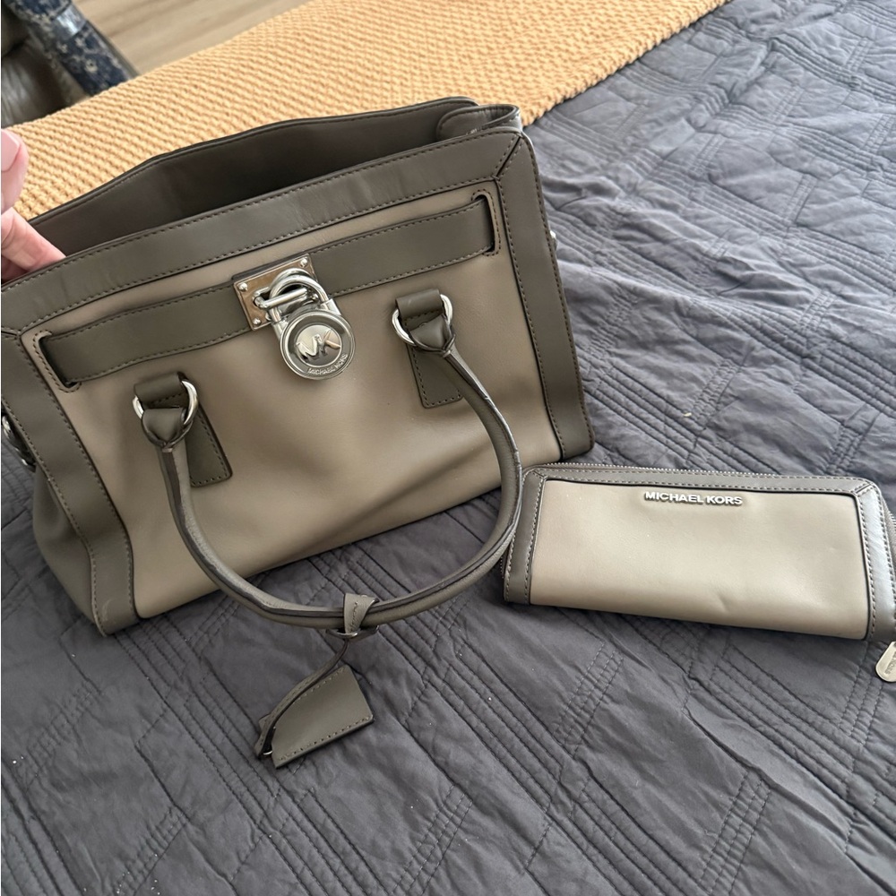 Michael Kors Olive Taupe Leather Satchel with Matching Wallet